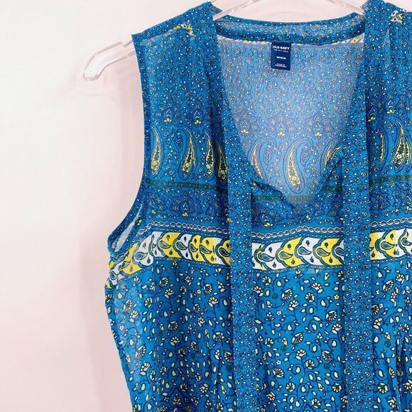 Old Navy Size Medium Blue & Yellow Floral Tie Neck Sleeveless Blouse Top - Picture 4 of 6